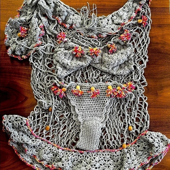 GRAY BIKINI AND SWIM COVER SET WITH MULTI COLORED TASSELS - Picture 5 of 17